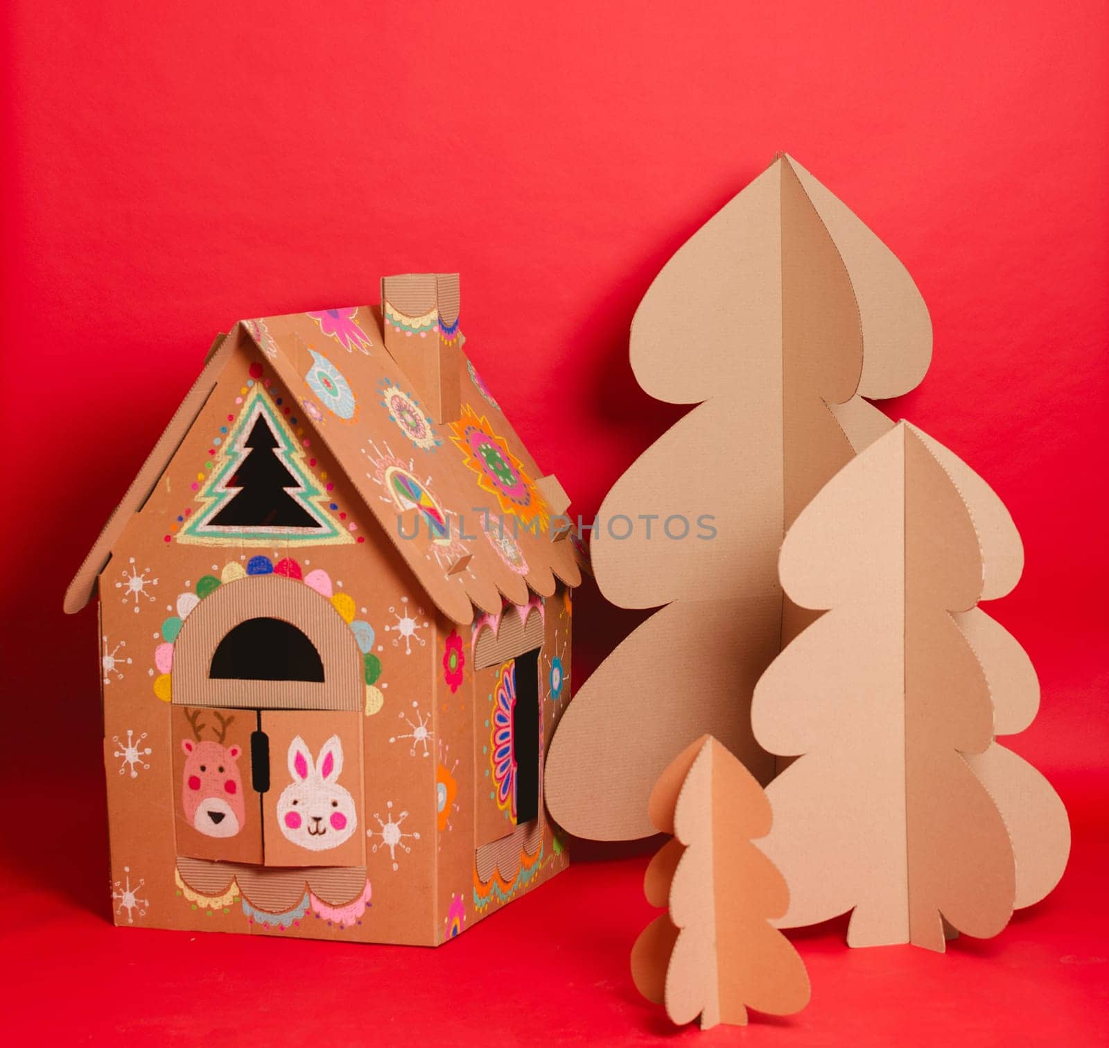 Christmas Tree and Cardboard playhouse Made Of Cardboard. Unique Trees. New Year or Xmas by sarymsakov