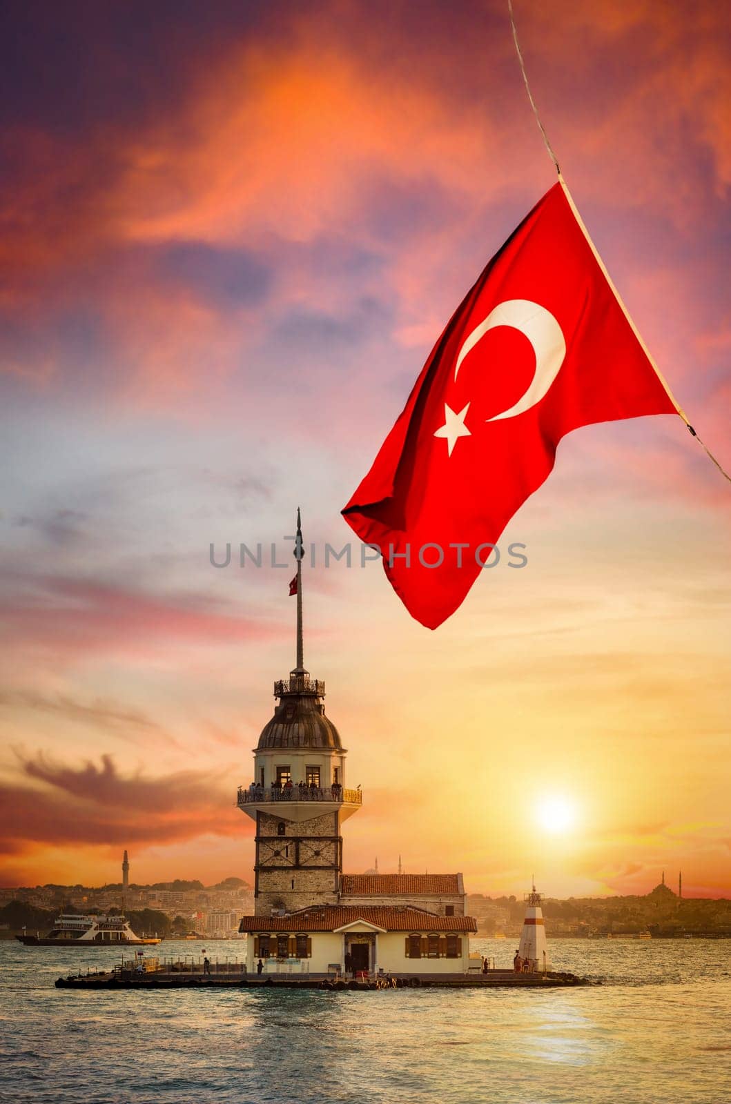 Turkish flag over the maiden tower in Istanbul