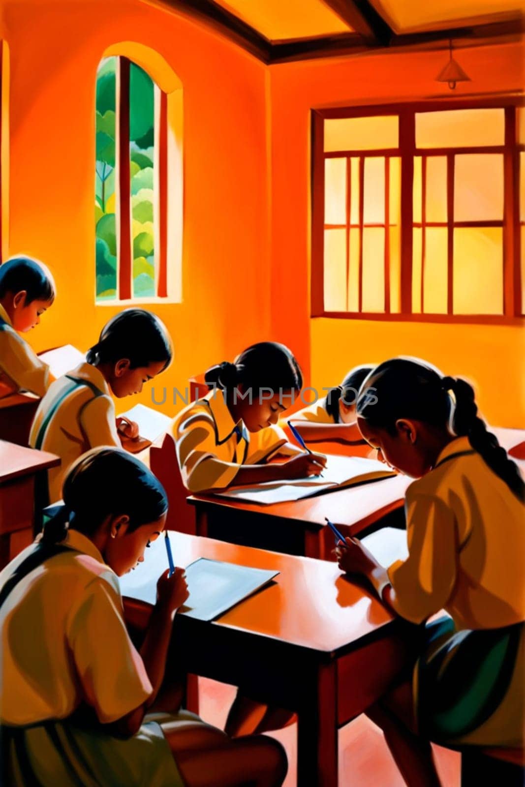 students and pupil in lesson at school in a classroom, bright dayligh, in uniform illustration by verbano