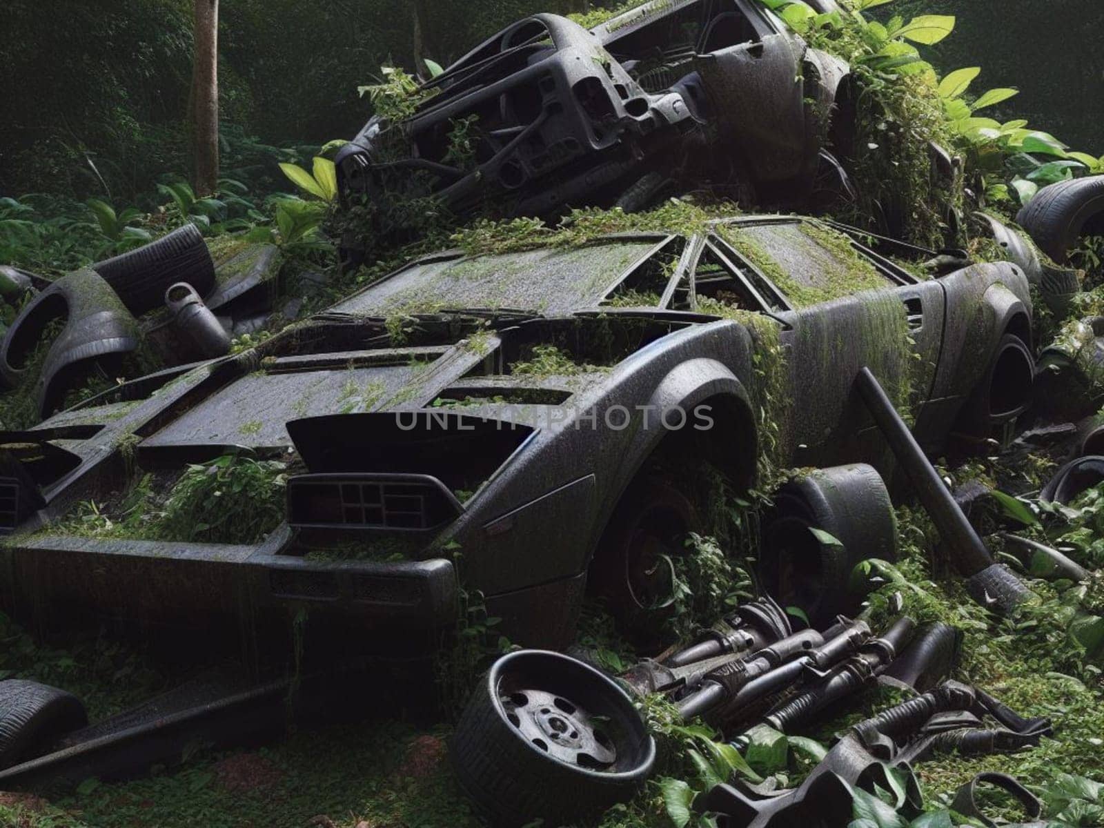 Abandoned rusty expensive atmospheric super car as circulation banned for co2 emission 2030 agenda , severe damage, broken parts, plants overgrowth bloom flowers. ai generated