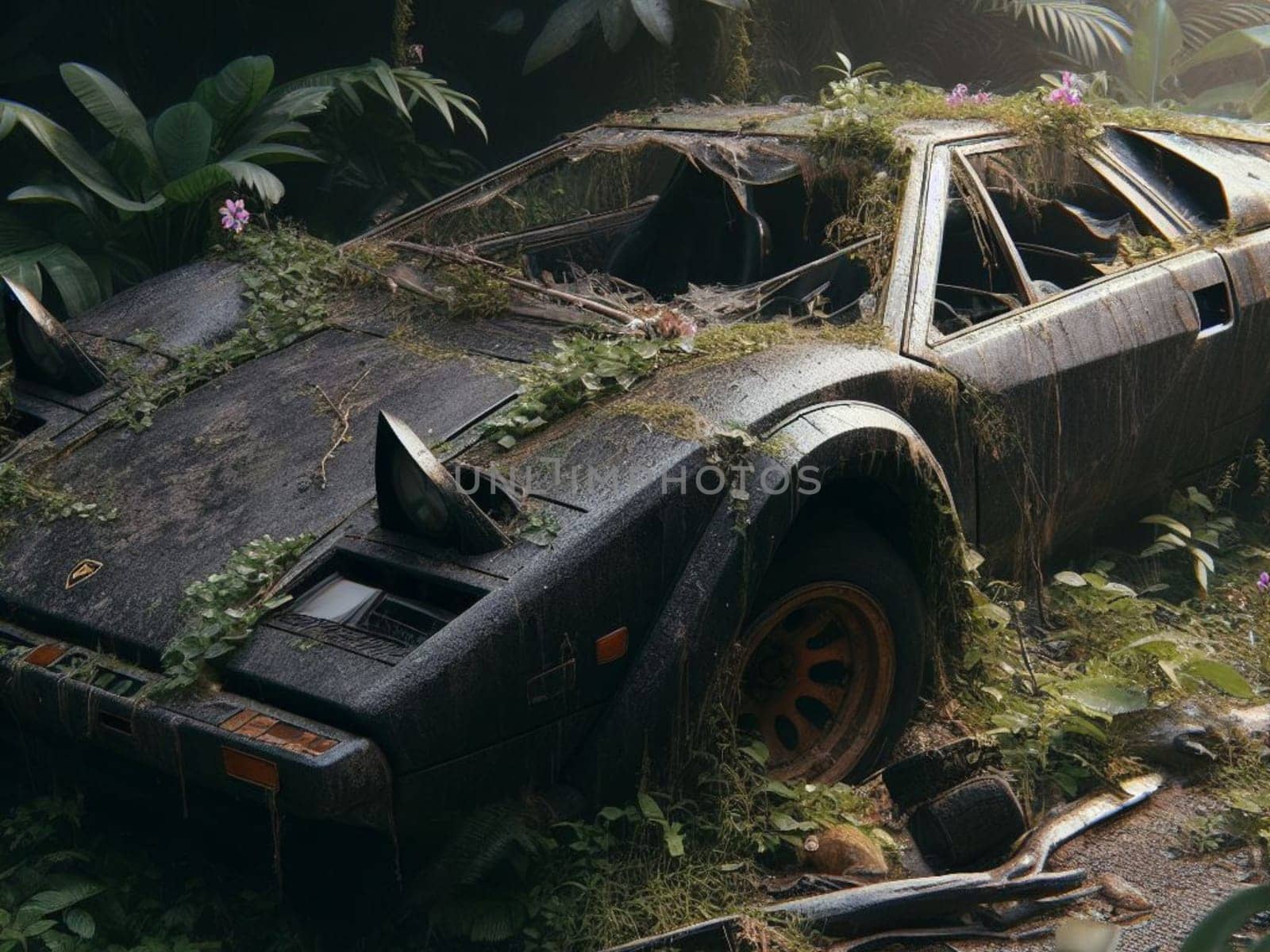 Abandoned rusty petrol super car banned for co2 emission agenda, overgrowth plants bloom flowers by verbano