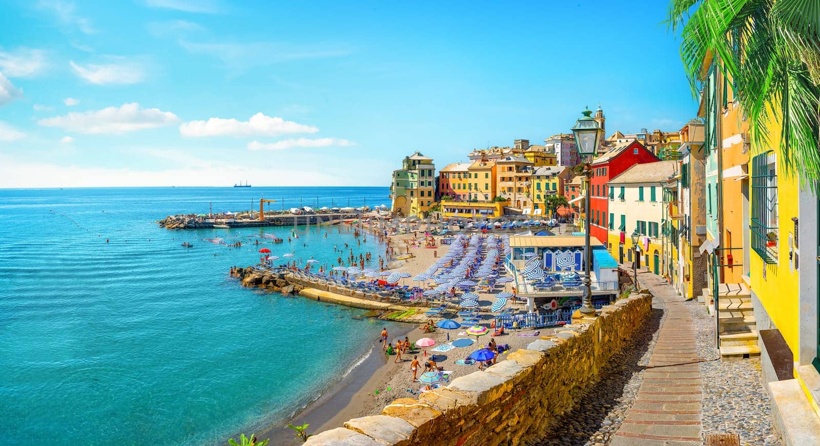 View of Bogliasco. Bogliasco is a ancient fishing village in Italy, Genoa, Liguria. Mediterranean Sea, sandy beach and architecture of Bogliasco town