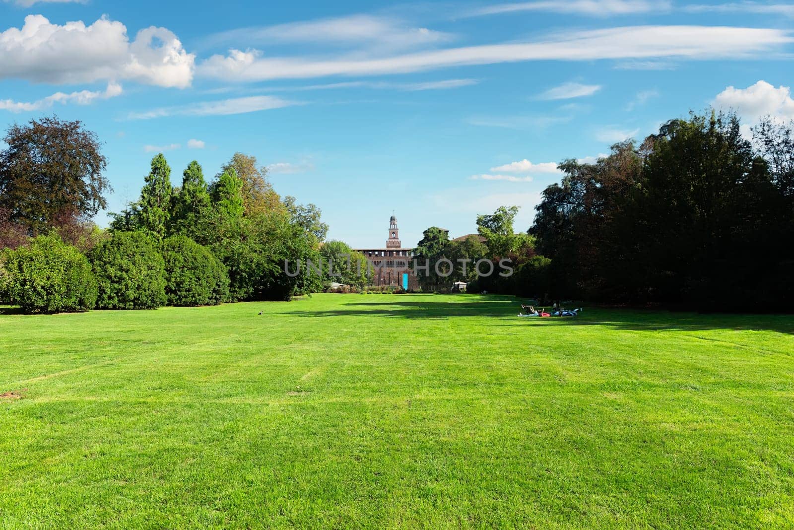 Large city park in Milan, Italy. Sempione Park near Sforzesco Castle.
