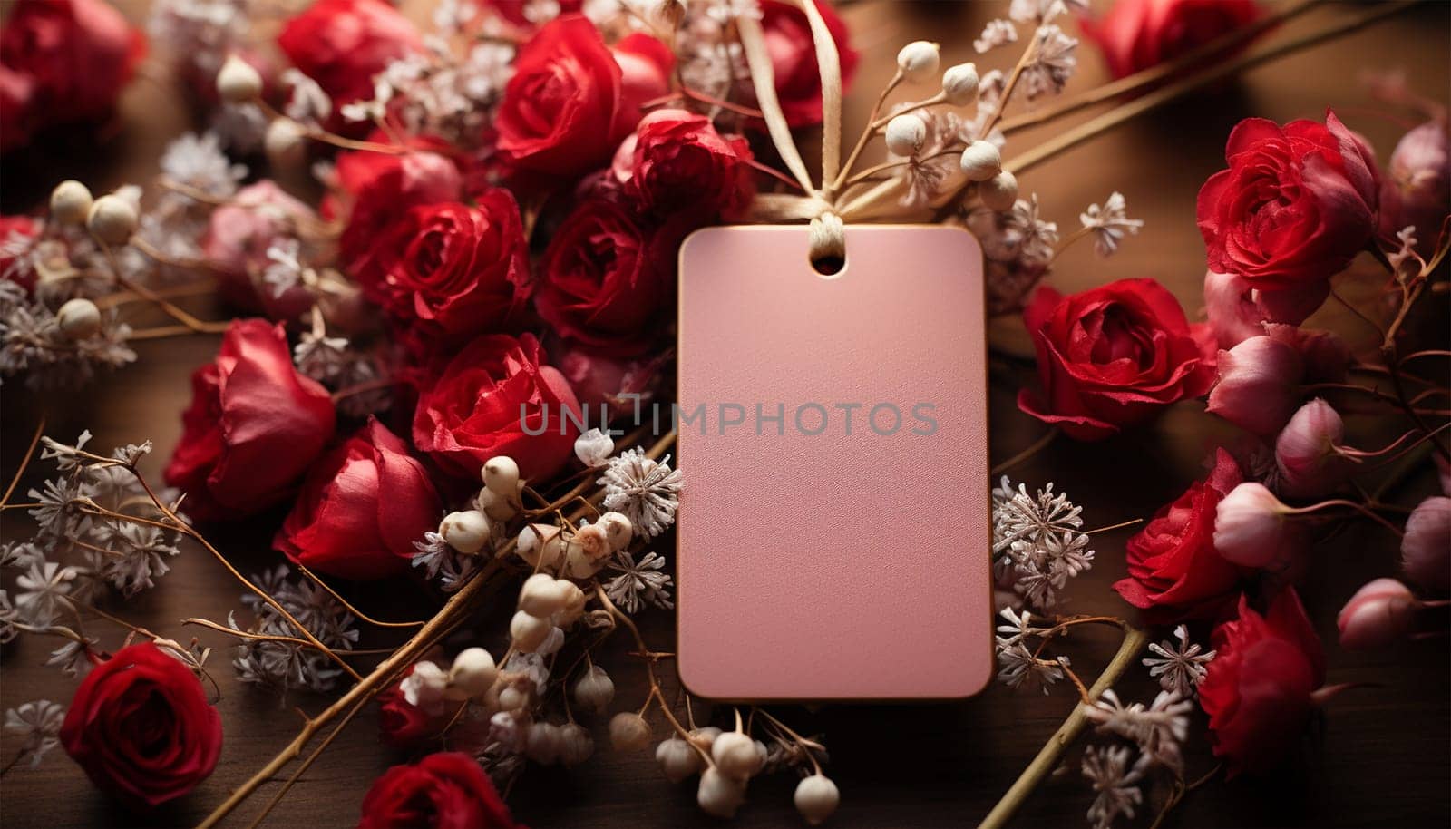 Blank empty tag mock up with romantic flowers. Wedding. Mothers Day. Valentine's Day. Birthday. Happy woman's day theme copy space. Romantic design Space for text