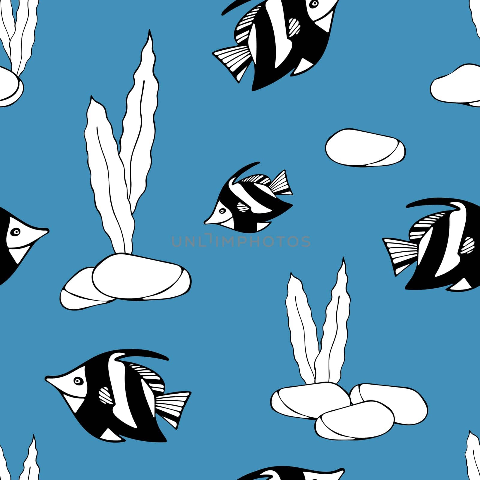 Hand Drawn Black and White Fish on Blue Background. by Rina_Dozornaya