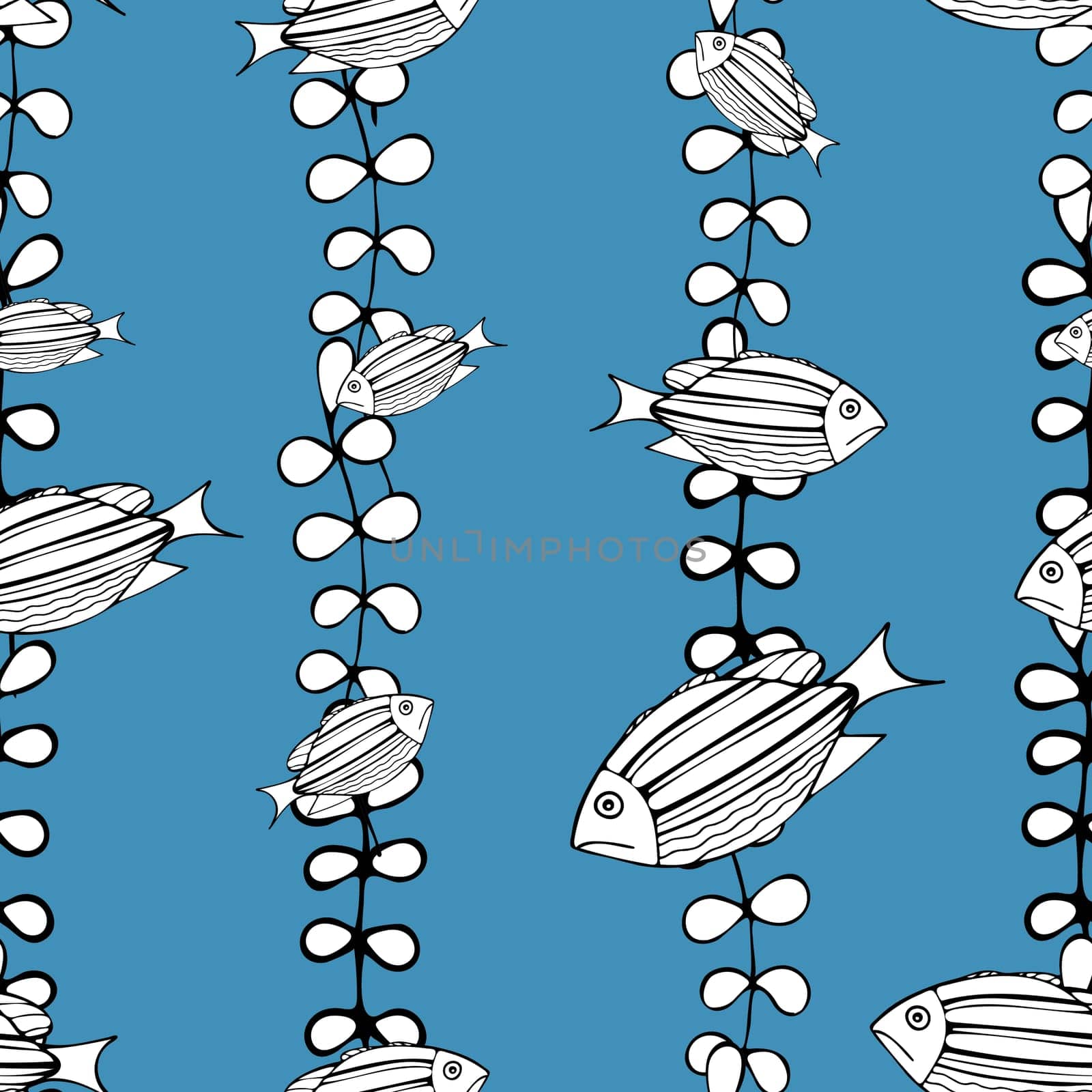 Hand Drawn Black and White Fish on Blue Background. Seamless Pattern with Fishes. Sea Animal Digital Papers.