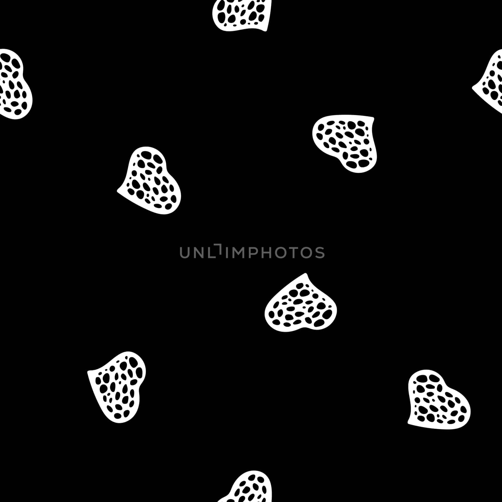 Hand Drawn Seamless Patterns with Hearts in Doodle Style. Romantic Love Digital Paper for Valentines Day. White Hearts on Black Background.