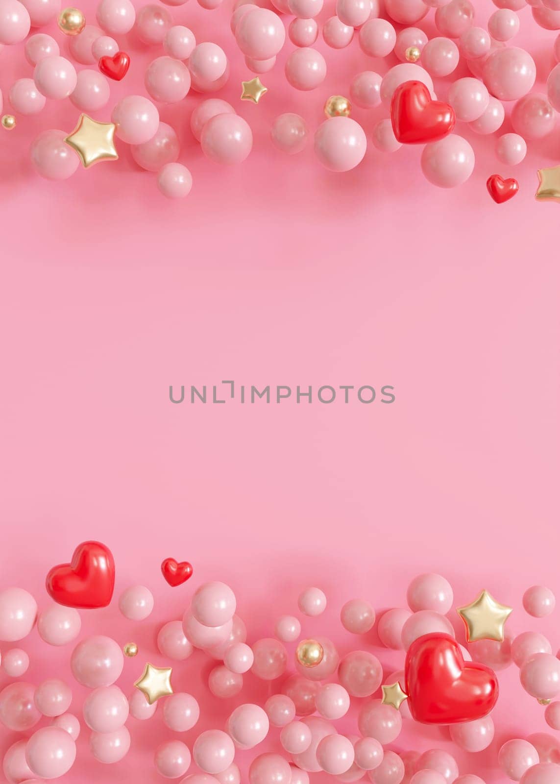 Playful and vibrant, this image features a cluster of glossy pink pearls and red hearts, with golden stars on a candy pink backdrop, ideal for Valentine's Day. Vertical background with copy space. 3D. by creativebird