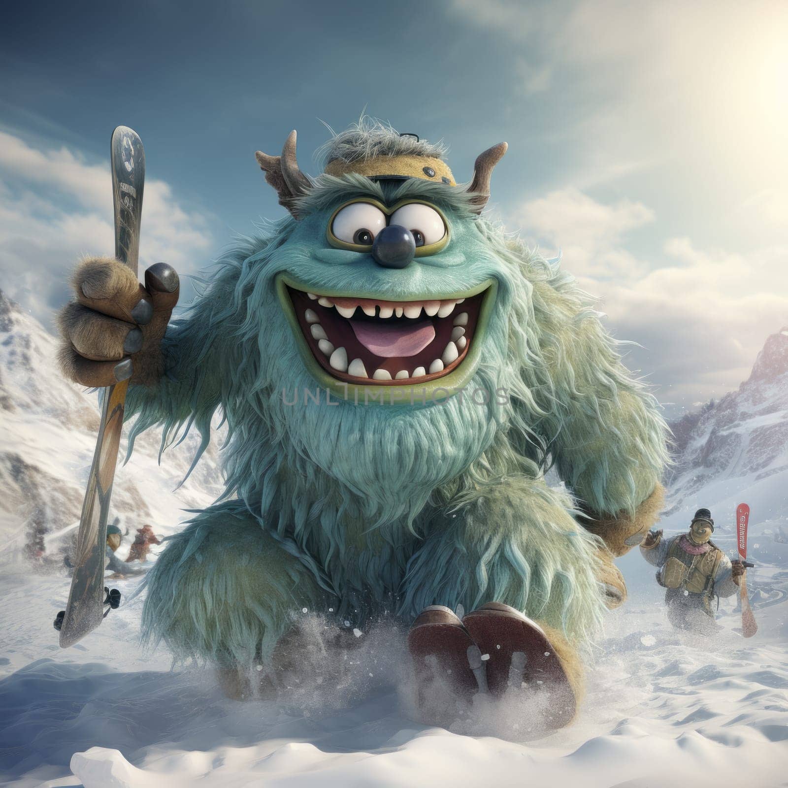 Funny happy monster with blue fur holding a ski in its paw, running away on a snowy slope.