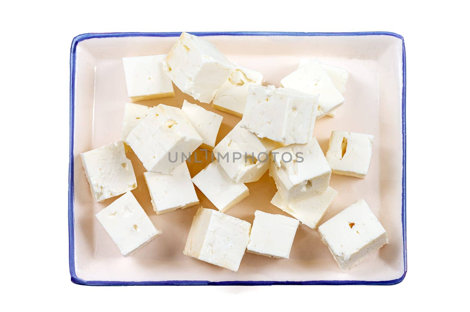 Feta cheese isolated on white background. With clipping path and full depth of field. Top view.