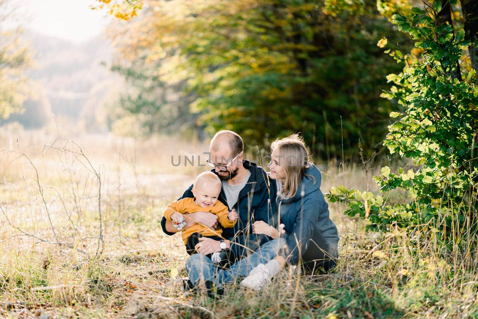 Mom holds dad by the elbow with a little son on his knees sitting on a sunny lawn. High quality photo