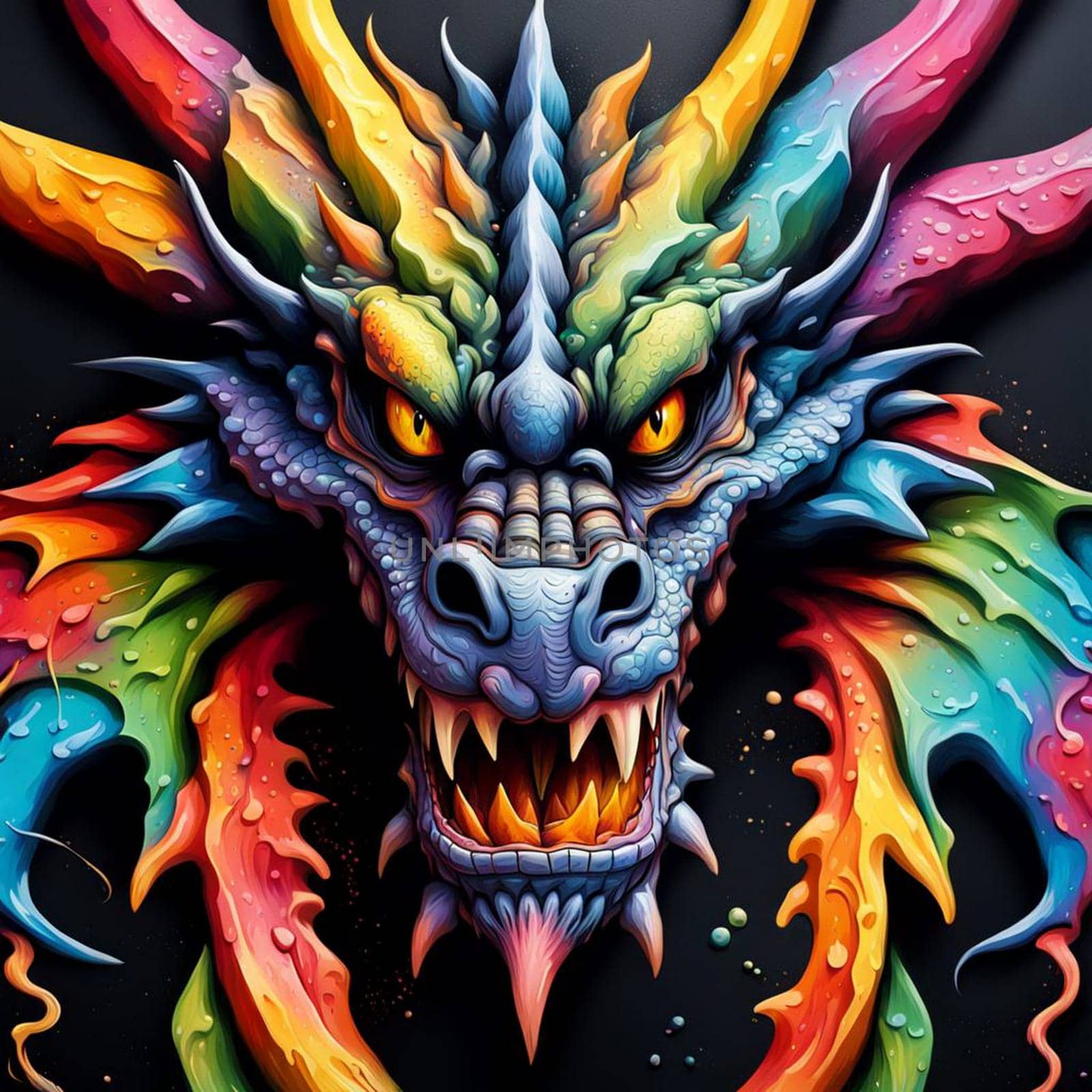 Fantastical dragon in cut out style, colorful bright background.ai generative.