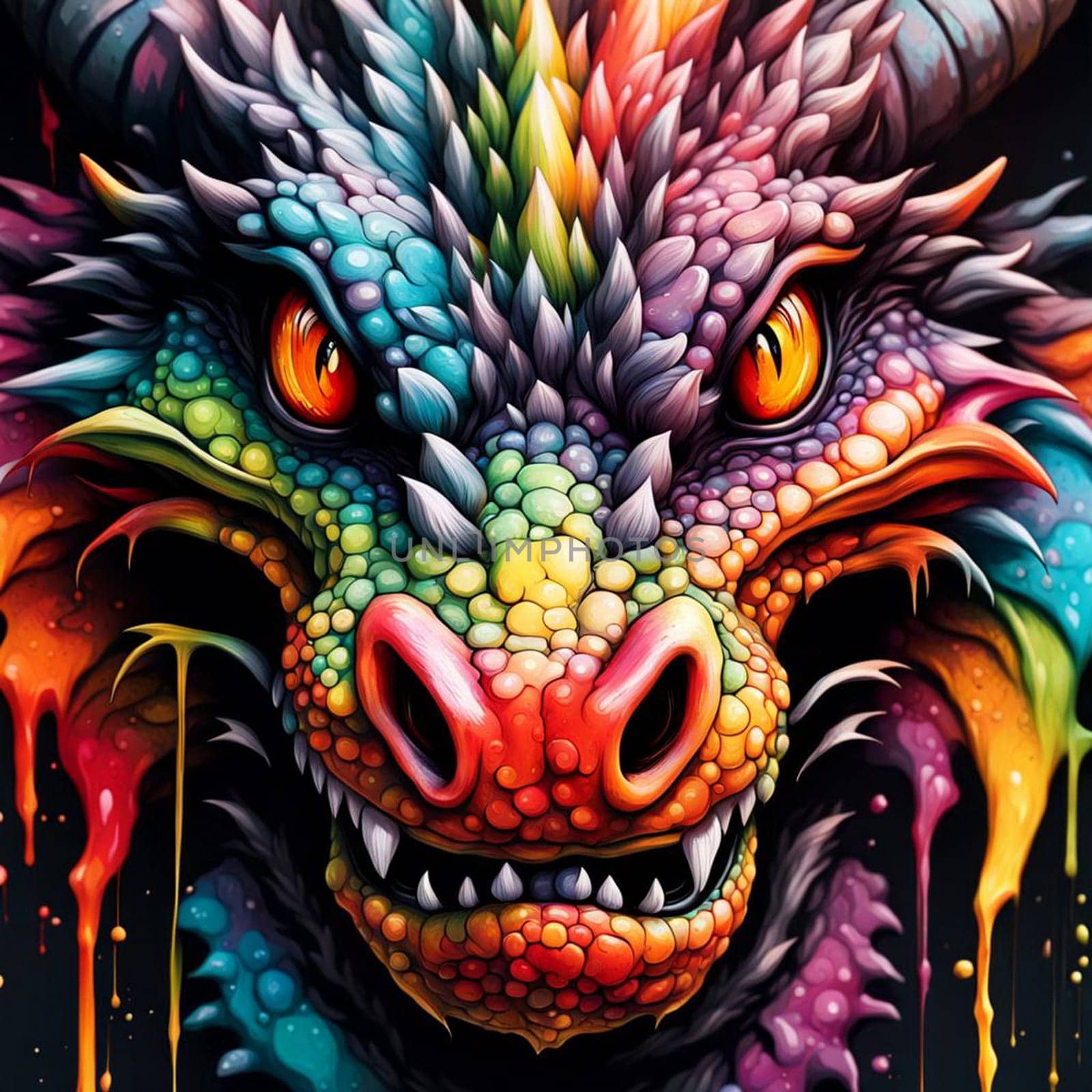 Fantastical dragon in cut out style, colorful bright background.ai generative.