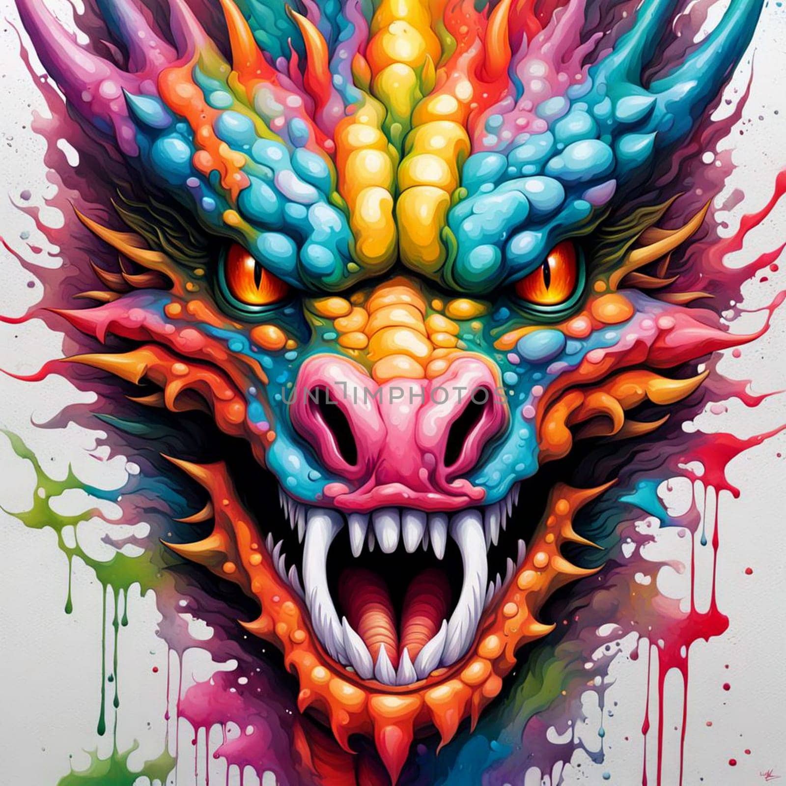 Fantastical dragon in cut out style, colorful bright background.ai generative.