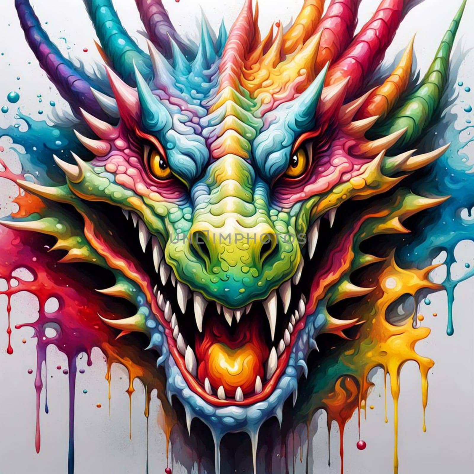 Fantastical dragon in cut out style, colorful bright background.ai generative.