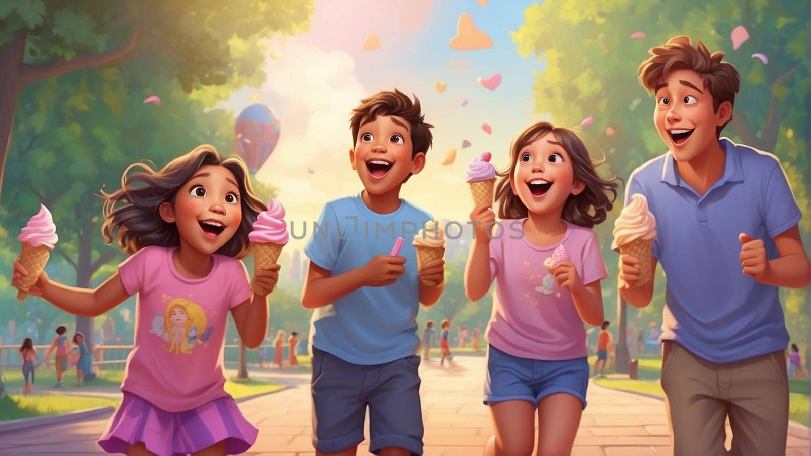 a group of kids , boys and girls, having ice cream gelato cones in a park in summer time ai generated