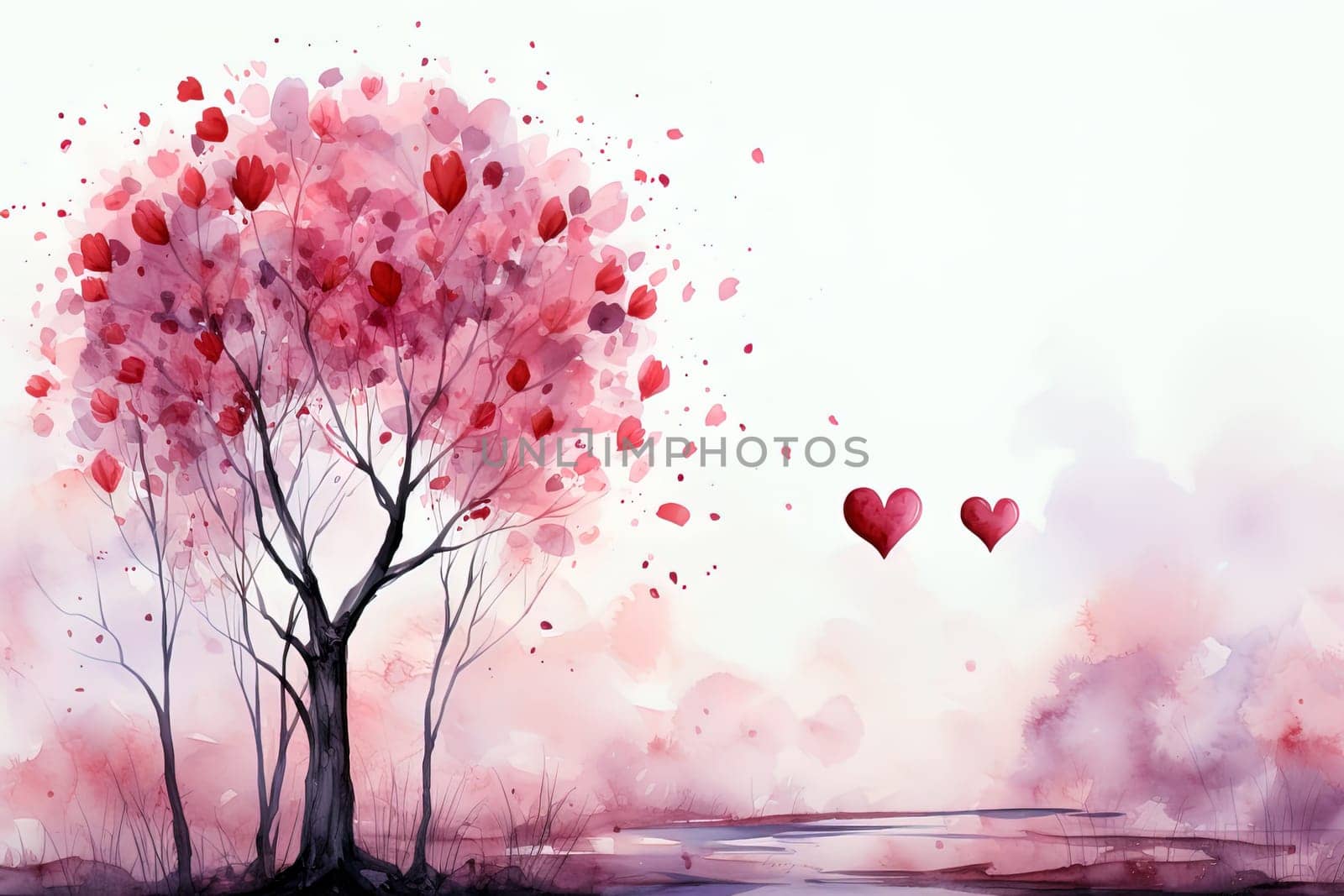 Valentines Day pink watercolor landscape background. Ai generative art by Dustick