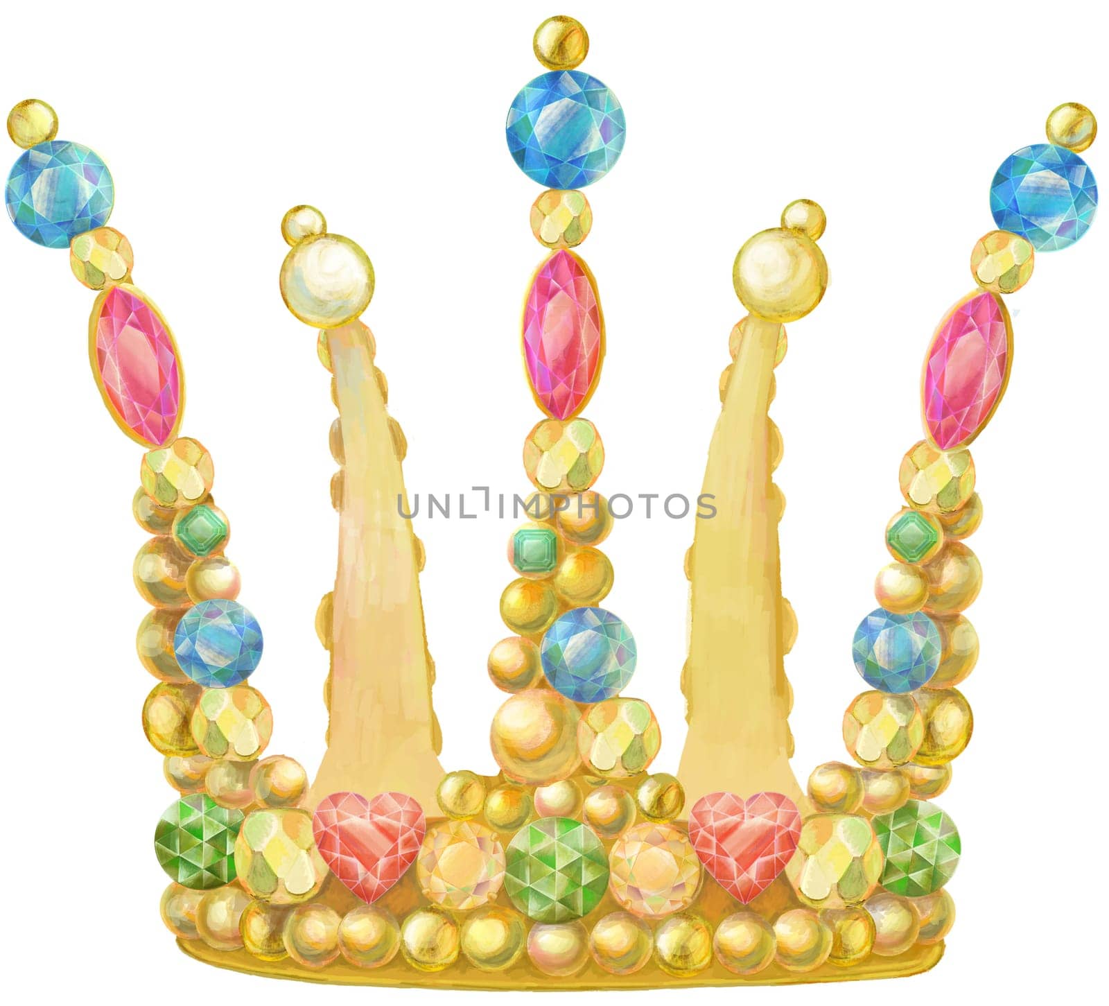 Watercolor Gold Crown with precious stones sapphire and emerald