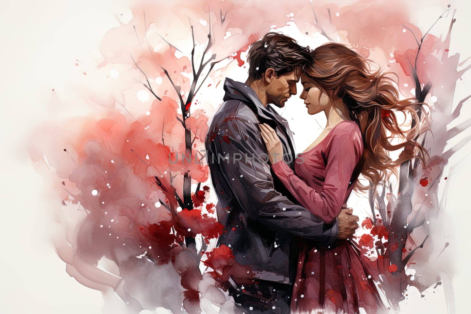Watercolor Love couple. Valentines Day pink background. Ai art