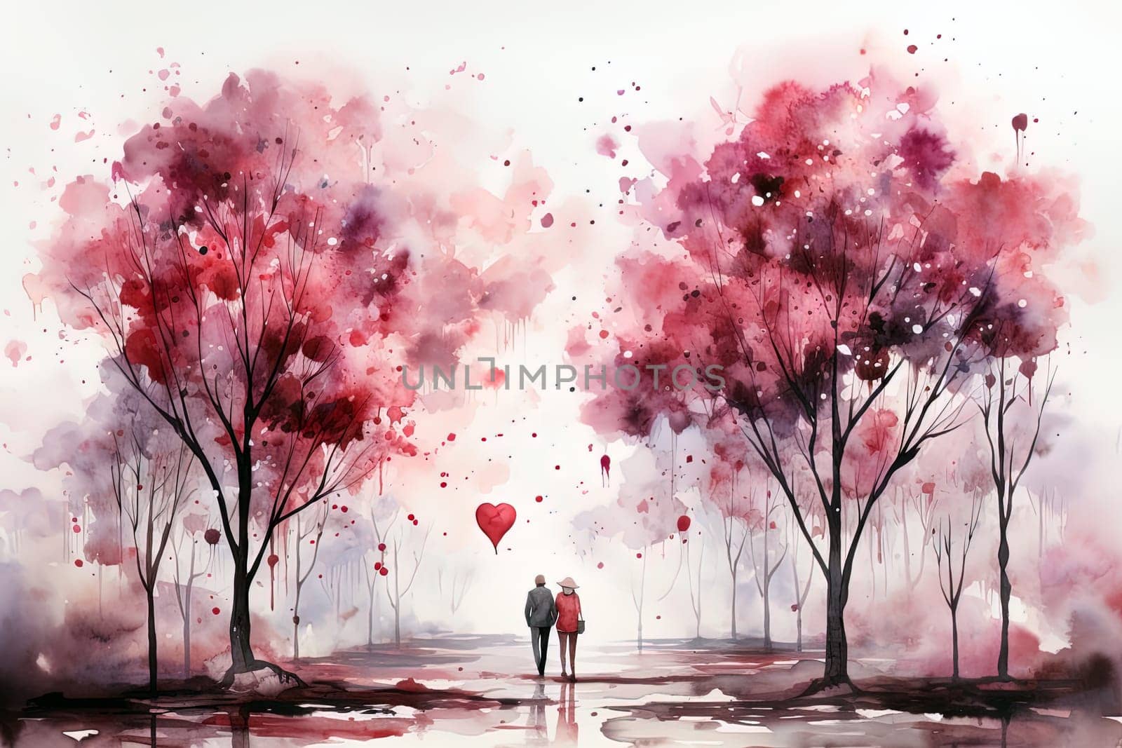 Valentines Day pink watercolor landscape background. Ai generative art by Dustick