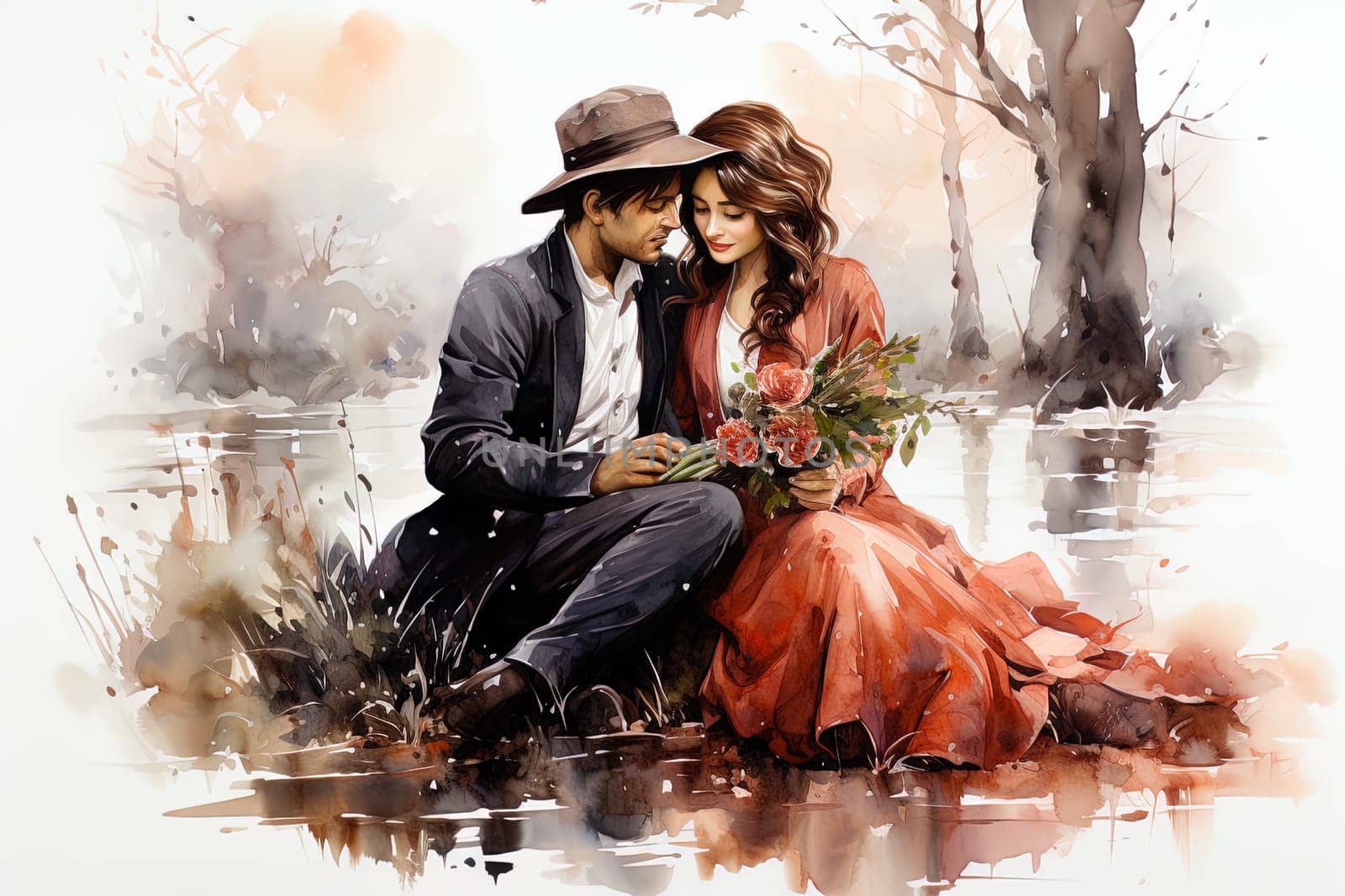 Watercolor Love couple. Valentines Day pink background. Ai art