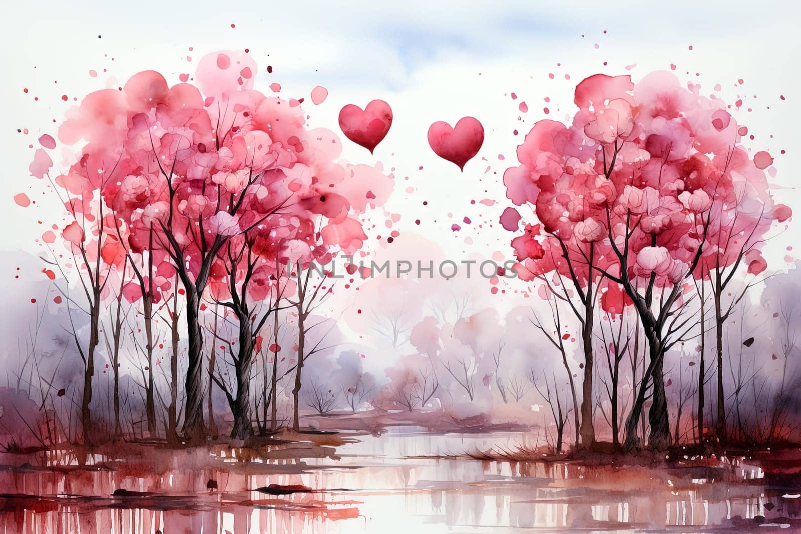 Valentines Day pink watercolor landscape background. Ai generative art by Dustick