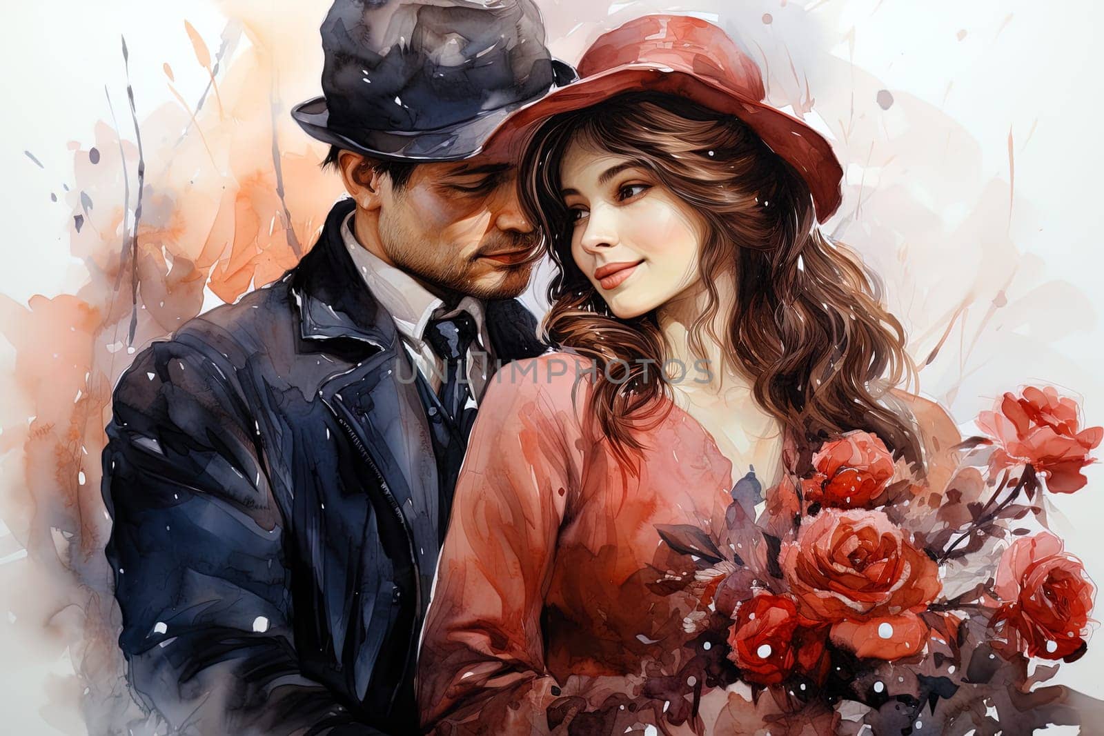 Watercolor Love couple. Valentines Day pink background. Ai art