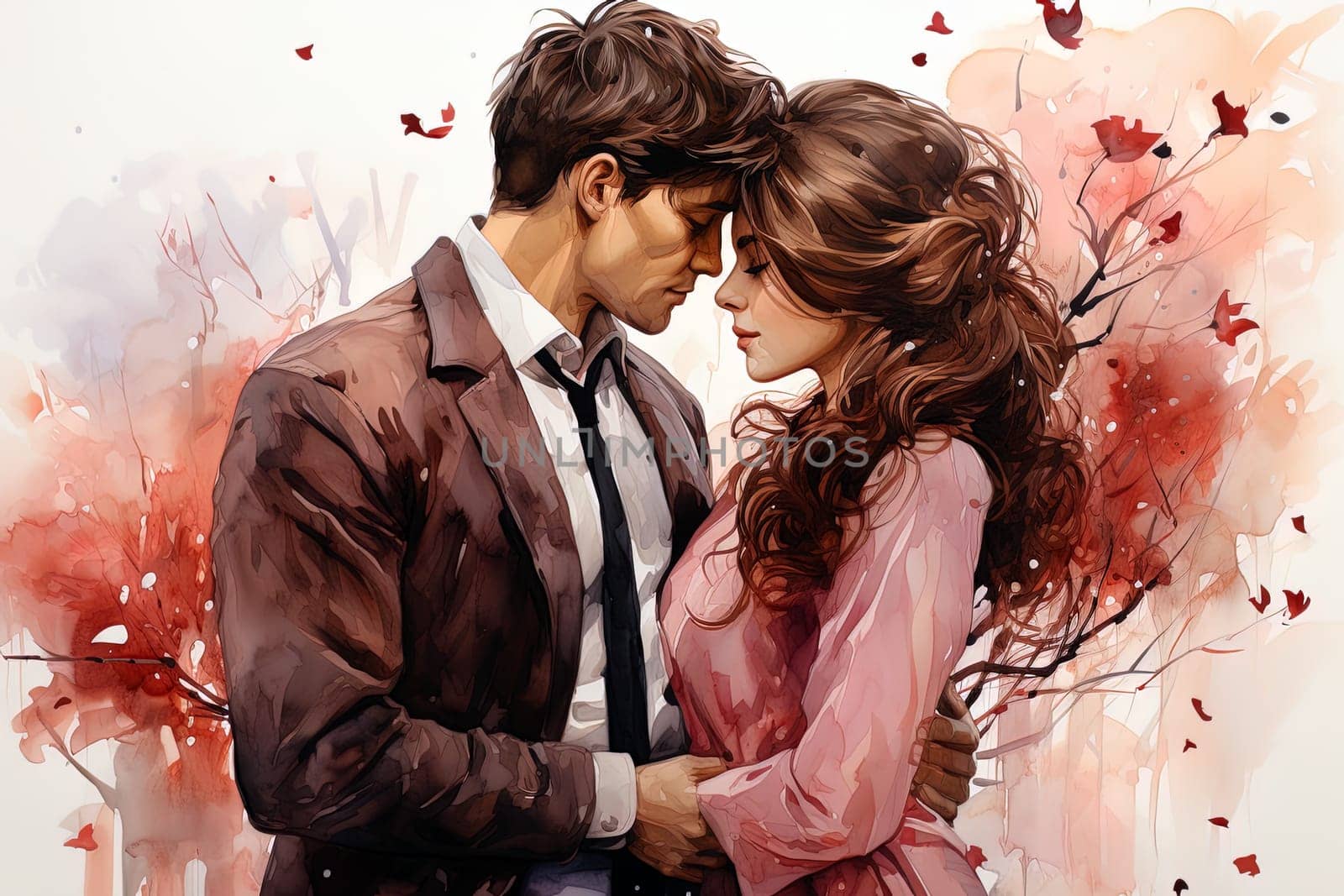 Watercolor Love couple. Valentines Day pink background. Ai art