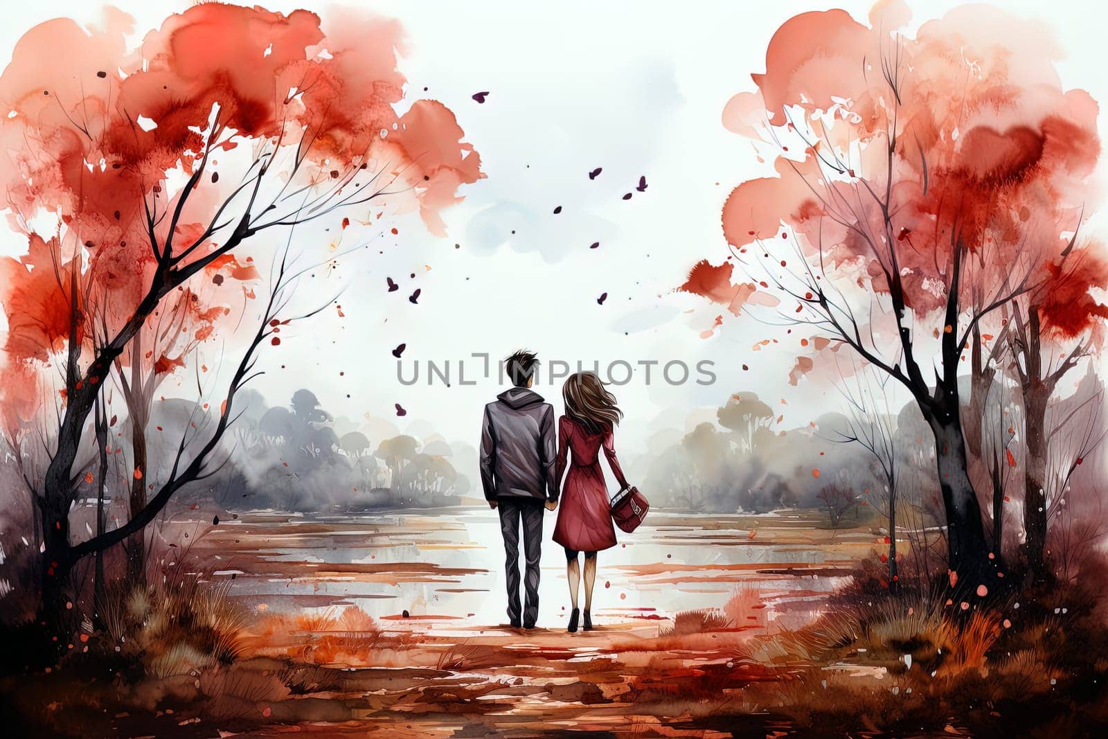 Watercolor Love couple. Valentines Day pink background. Ai art