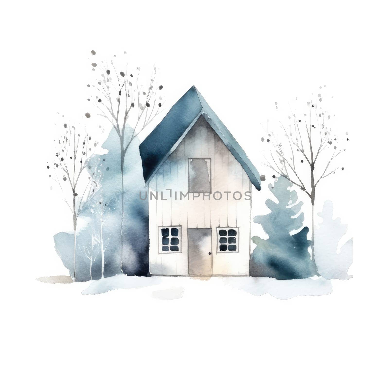 Watercolor cute house with tree on isolate background. Generative AI by itchaznong