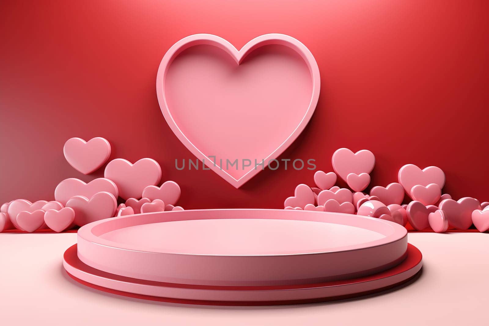 empty podium with pink and red background for valentines day product, generative ai