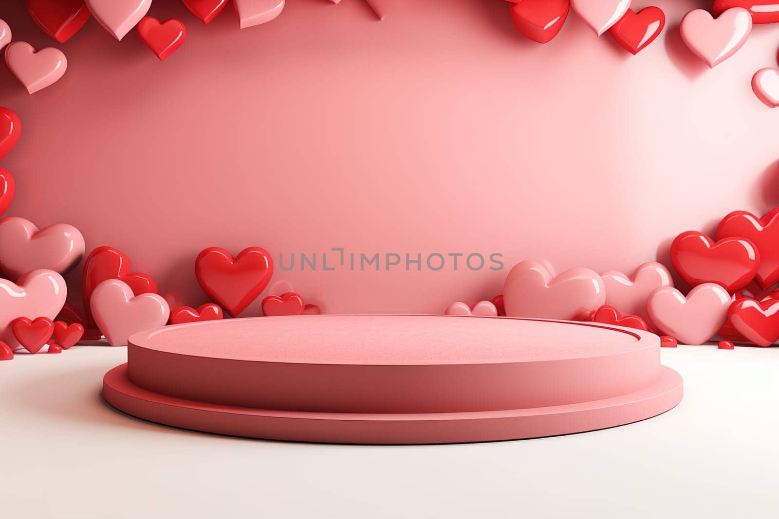 empty podium with pink and red background for valentines day product, generative ai