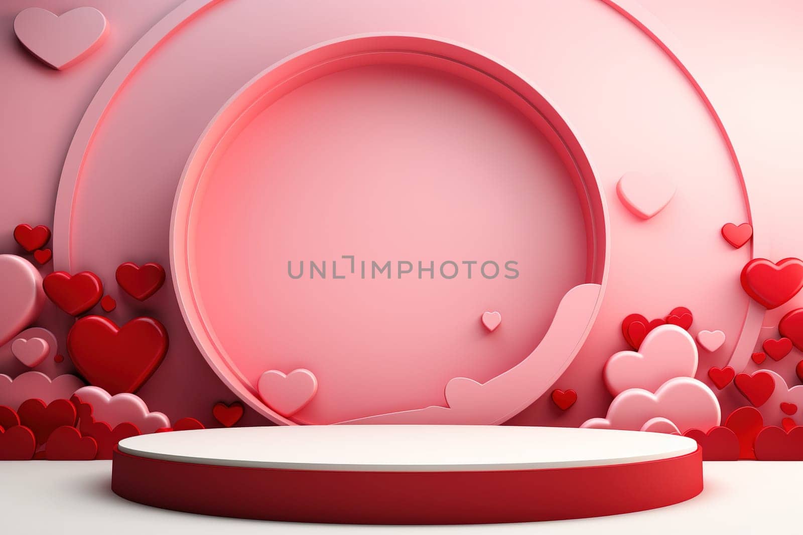 empty podium with pink and red background for valentines day product. generative ai by Manastrong