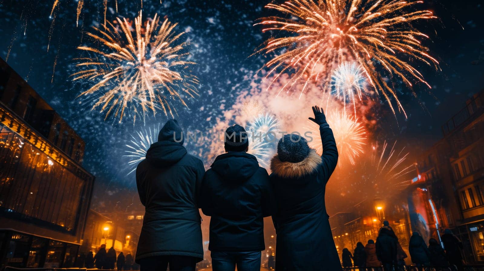 Firework explosion in the night sky celebrating happy new year 2024 . National firework shooting in the beautiful sky for a new year day of year 2024 .