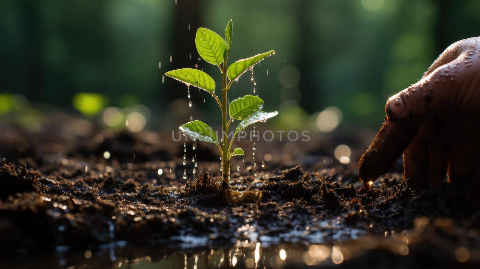 Closeup Volunteer hand planting potted plant. Generative AI.