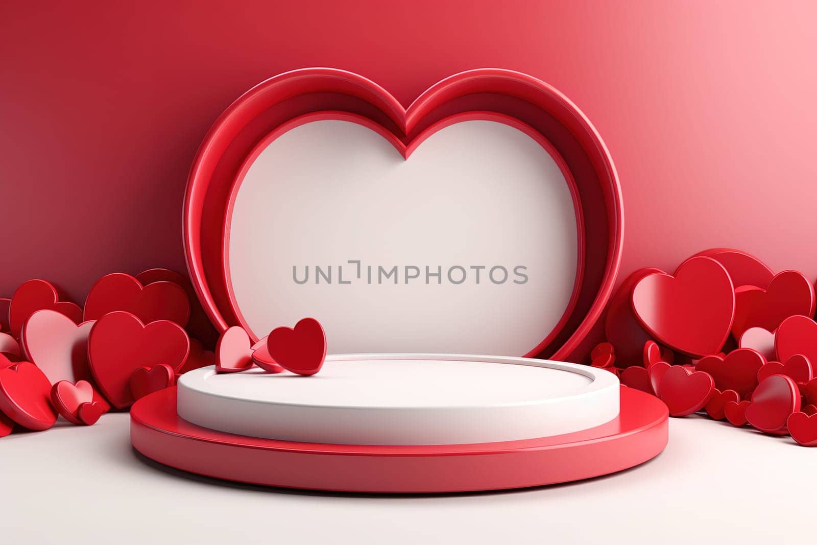 empty podium with pink and red background for valentines day product. generative ai by Manastrong