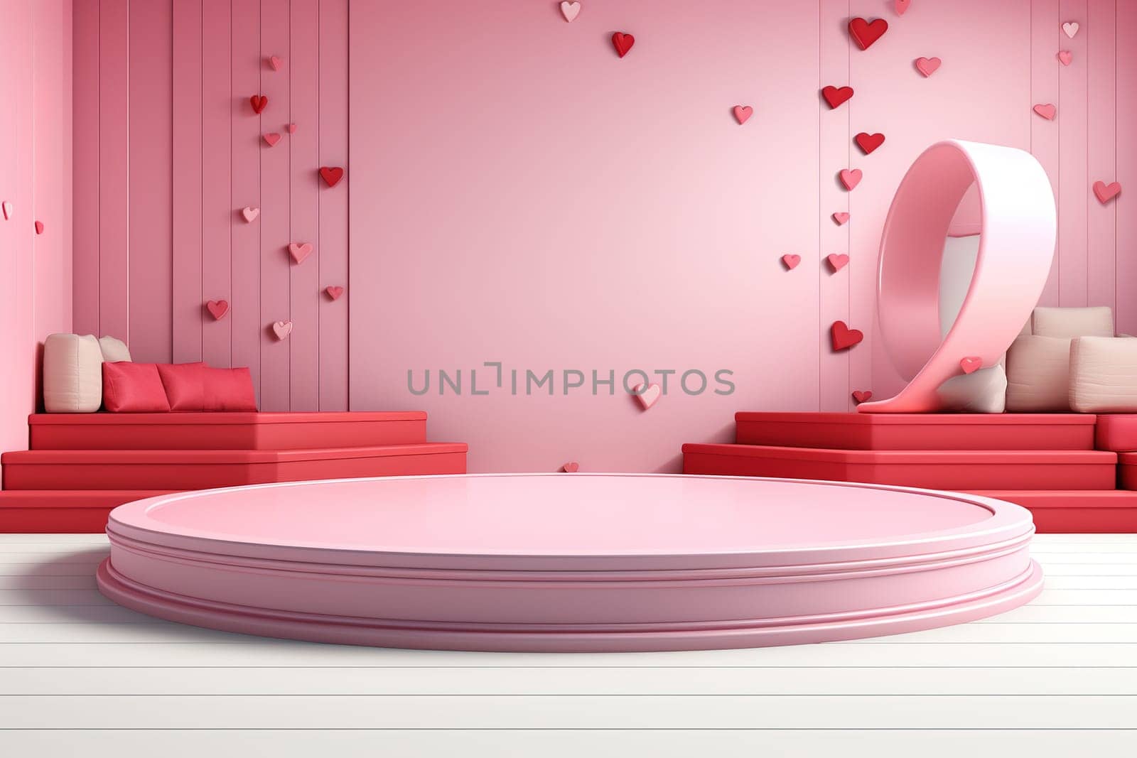 empty podium with pink and red background for valentines day product. generative ai by Manastrong