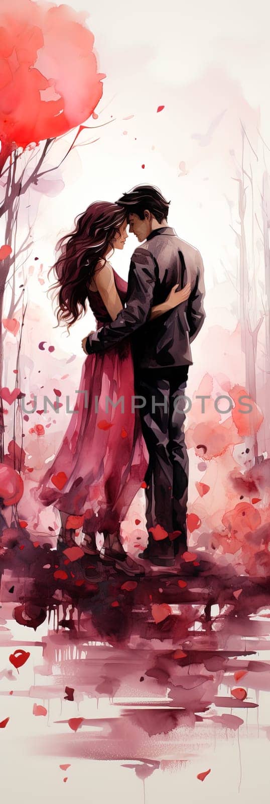 Watercolor Love couple. Valentines Day pink background. Ai generative art