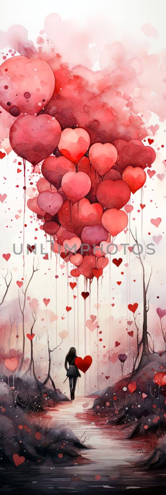 Watercolor Love couple. Valentines Day pink background. Ai art by Dustick