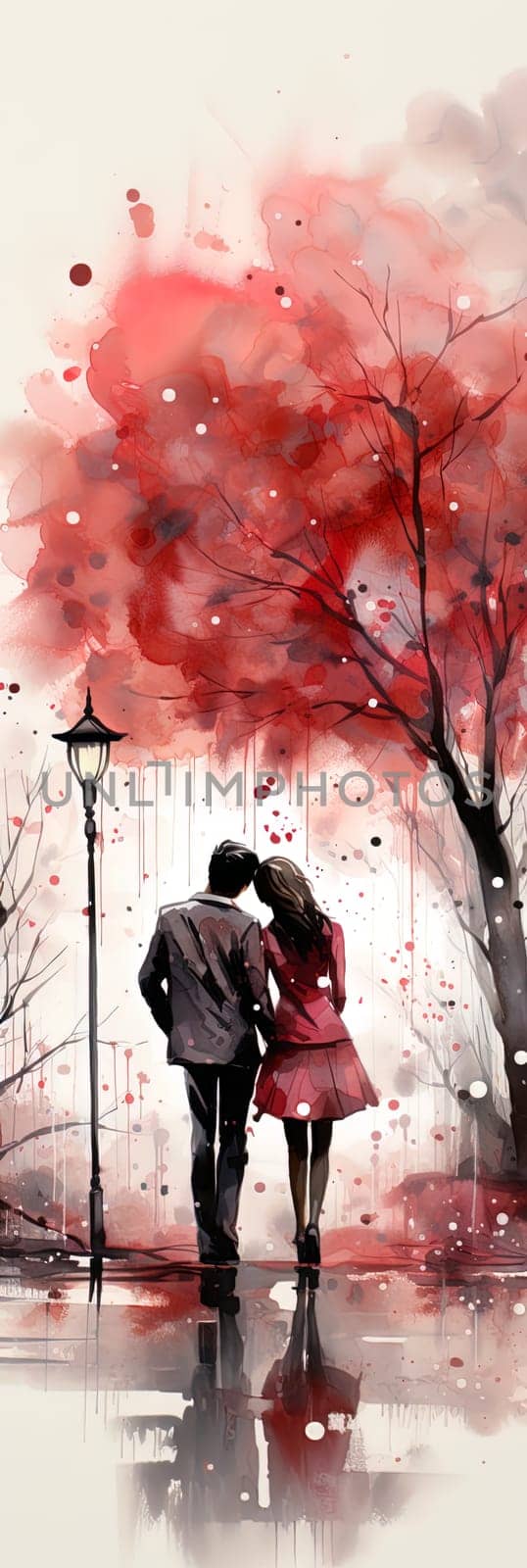 Watercolor Love couple. Valentines Day pink background. Ai generative art