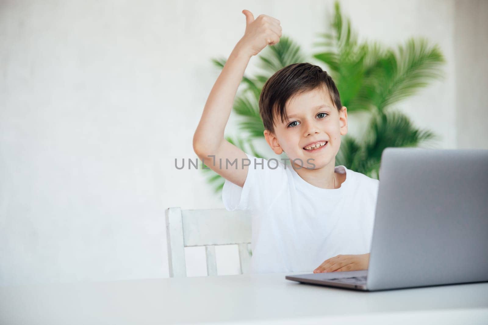 boy shows class in a lesson at the computer student school learning online by Simakov