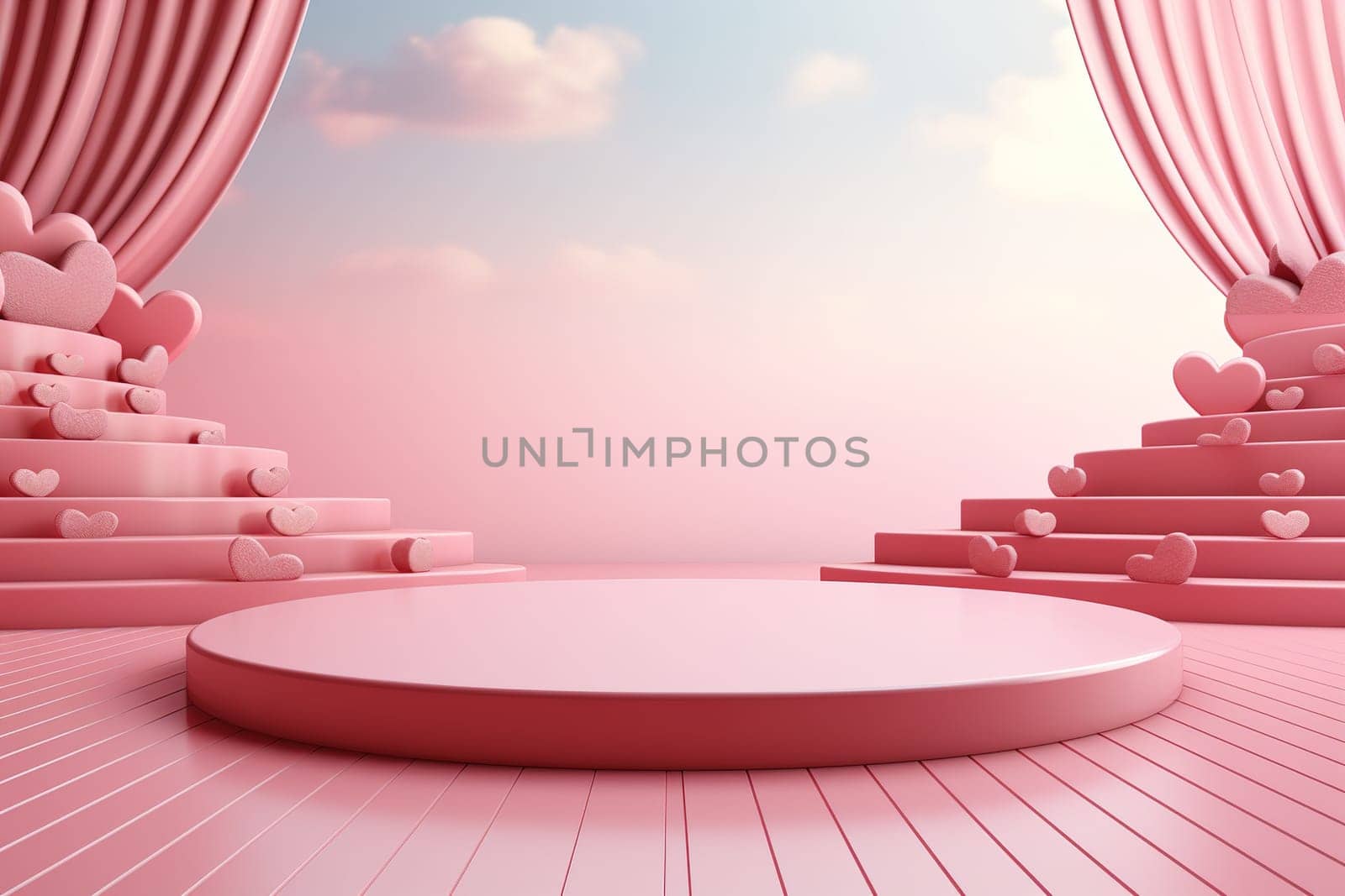 empty podium with pink and red background for valentines day product. generative ai by Manastrong