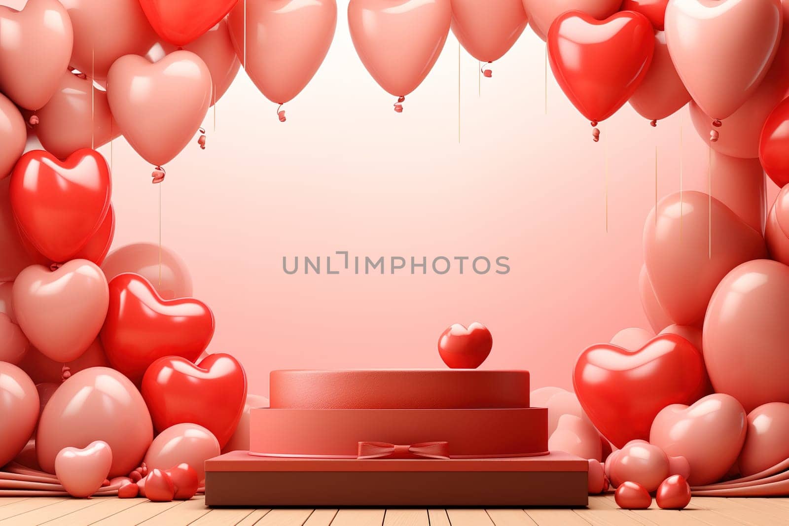 empty podium with pink and red background for valentines day product. generative ai by Manastrong