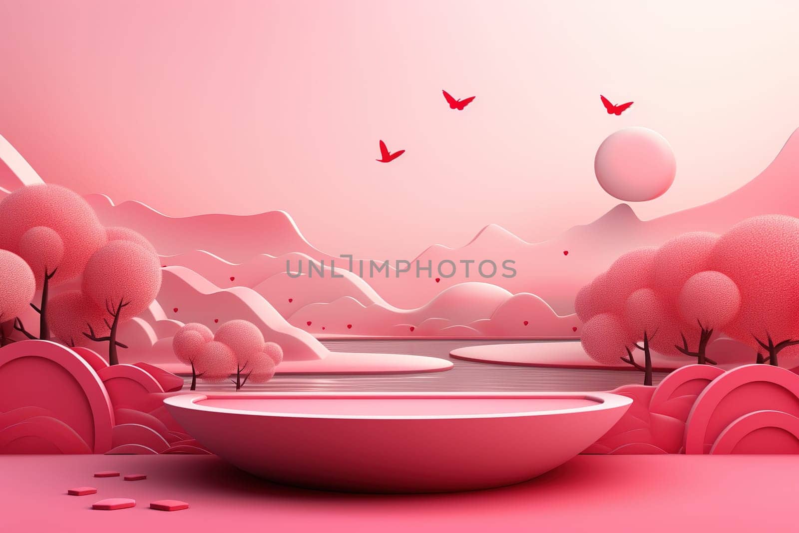 empty podium with pink and red background for valentines day product. generative ai by Manastrong