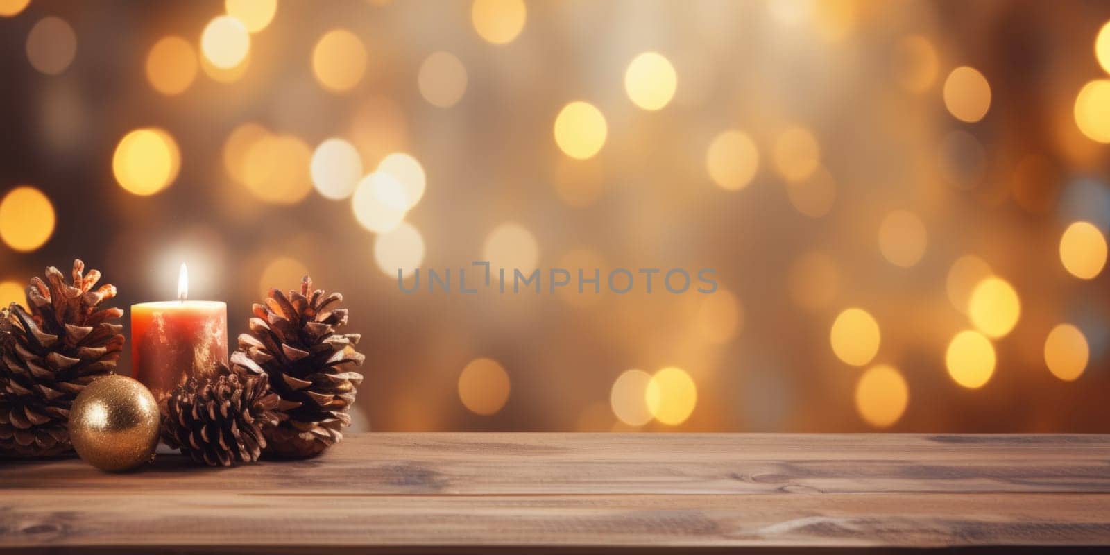 Merry Christmas and Happy New Year background with empty wooden table over Christmas tree and blurred light bokeh. Empty display for product placement. Rustic vintage Xmas 2024 background. comeliness