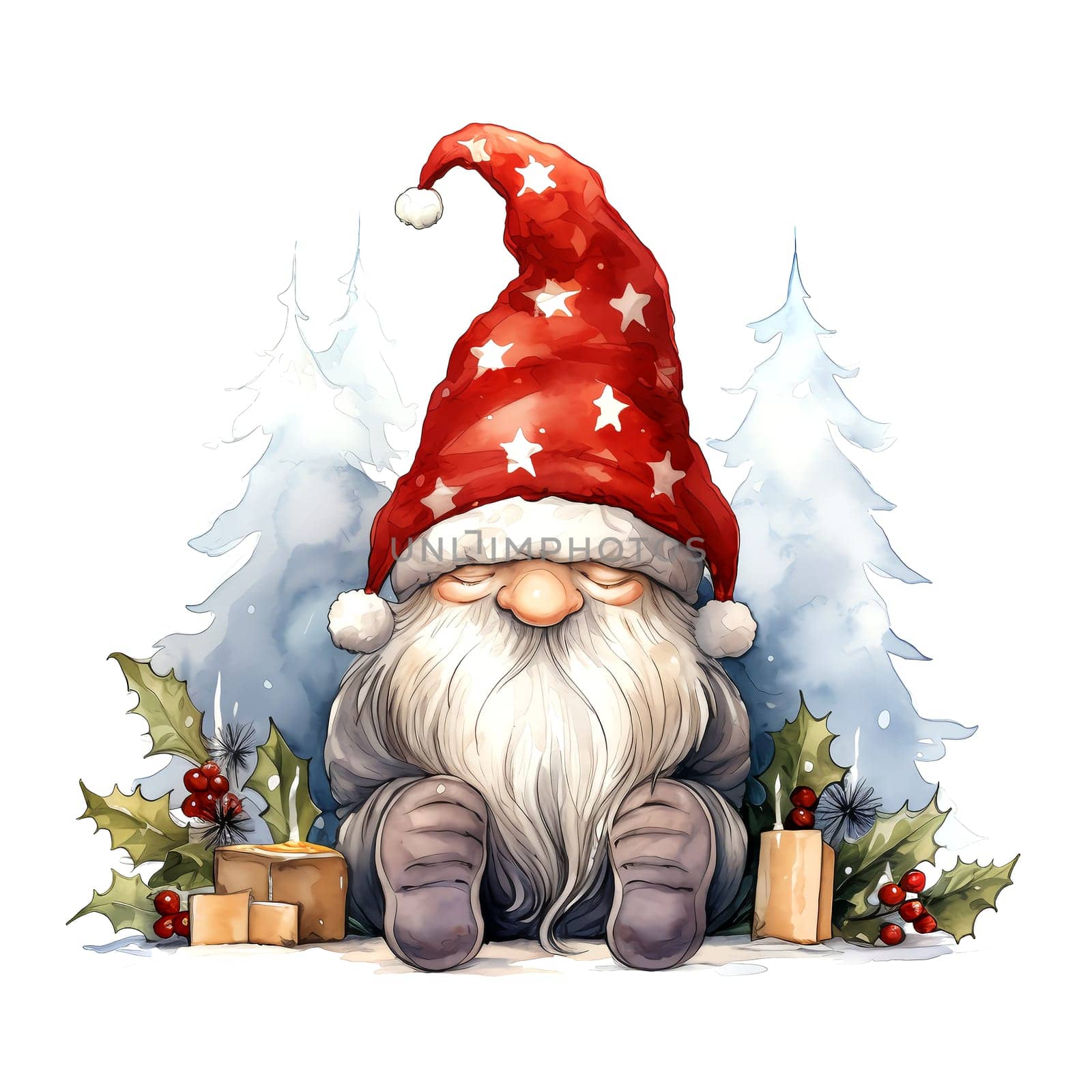 Watercolor Christmas Gnome. Clipart. AI generated. by AndreyKENO