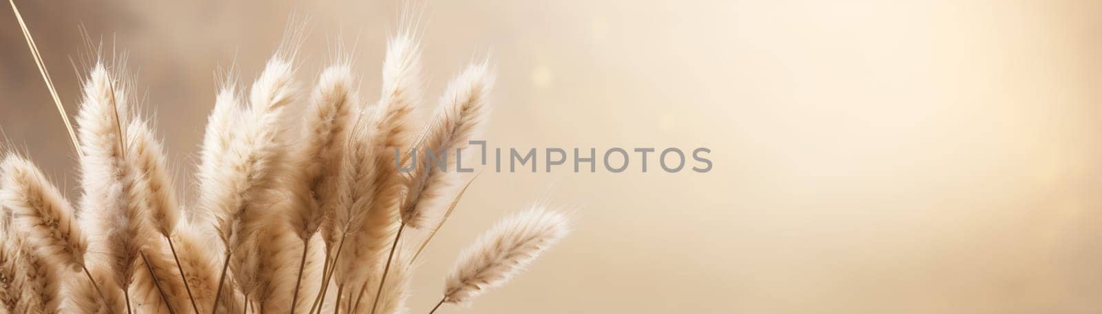 Elegant beige pampas grass plumes on a smooth beige background with ample copy space, evoking a serene and natural aesthetic. Boho style. Natural backdrop with pastel colors. Banner. Generative AI