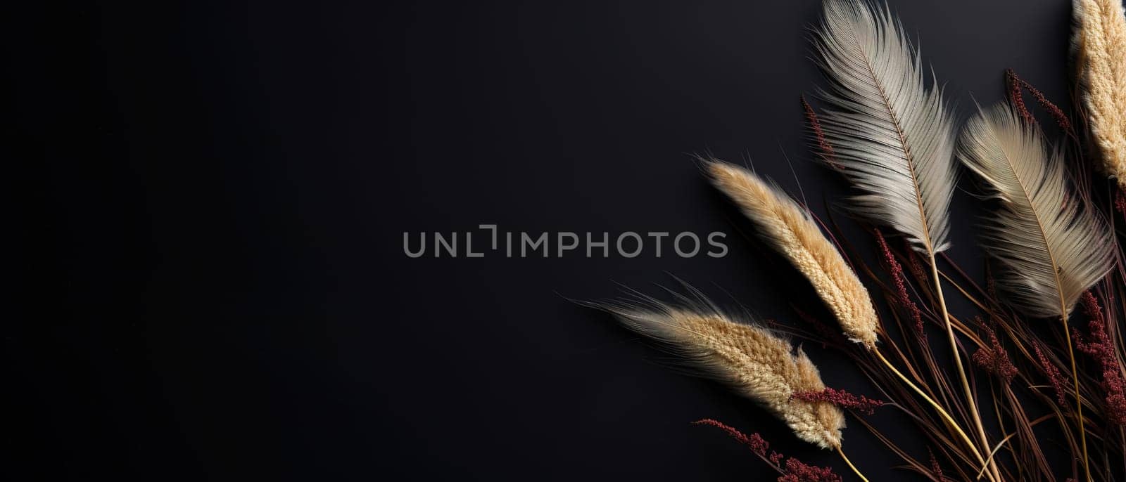 An elegant arrangement of pampas grass and dried botanicals in natural tones against a stark black background, exuding a luxurious and earthy vibe. Copy space for text. Generative AI