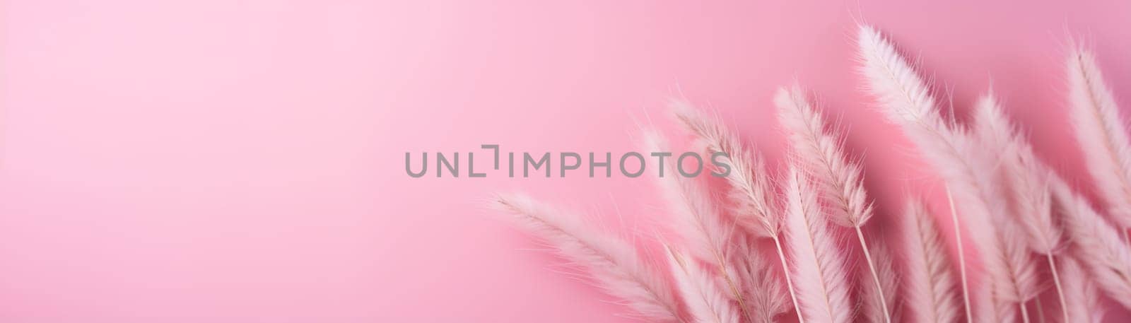 White pampas grass plumes against a soft pink background, embodying a delicate and feminine charm, ideal for gentle and airy themes. Natural backdrop with copy space. Banner. Generative AI. by creativebird