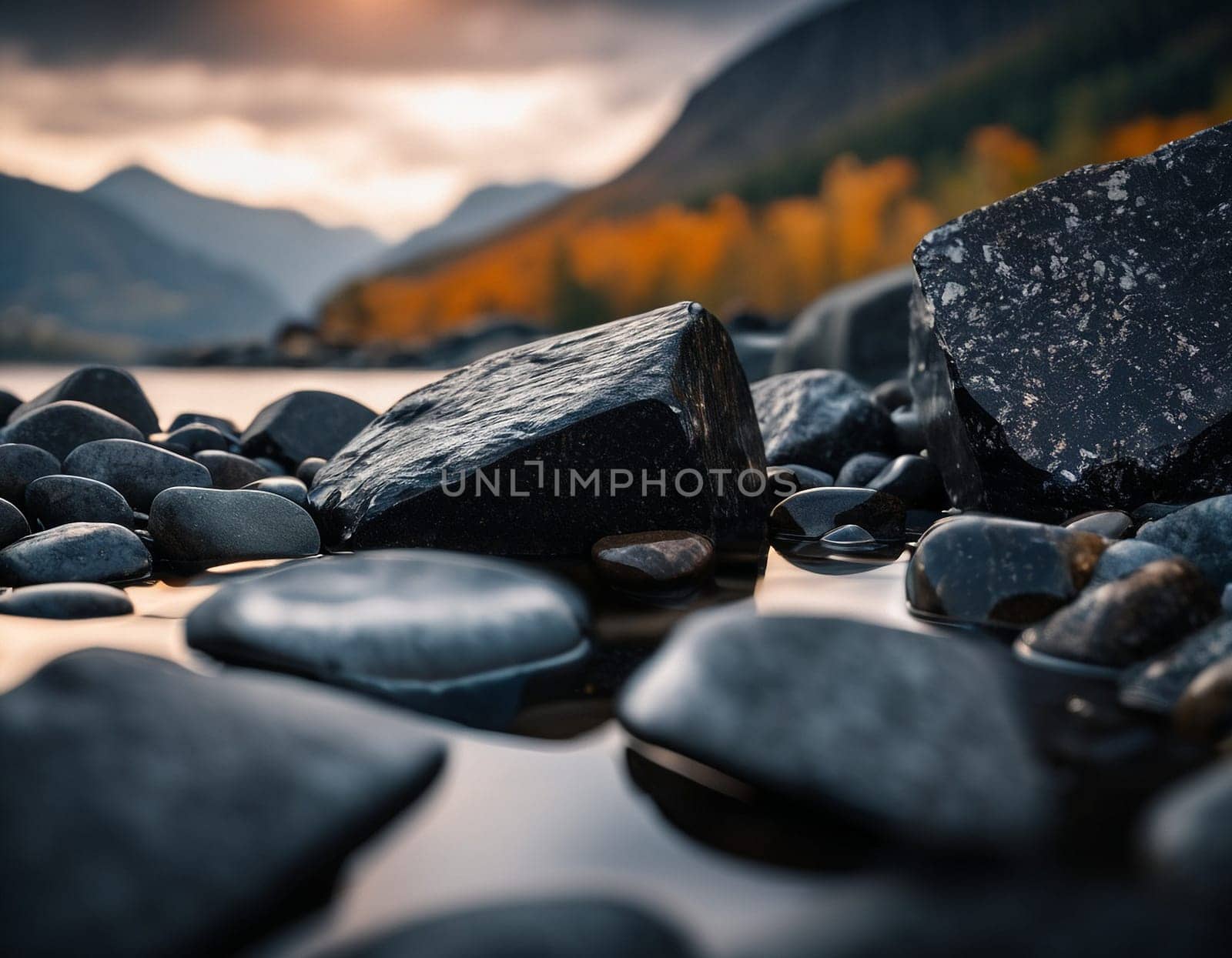 Beautiful cinematic mountain landscape with black marble and granite. High quality illustration